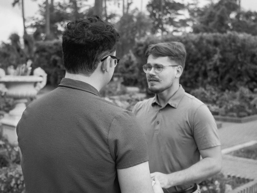Proposal reaction photo at Mercer Botanic Gardens near Houston, Texas, capturing the emotional moment after an engagement.